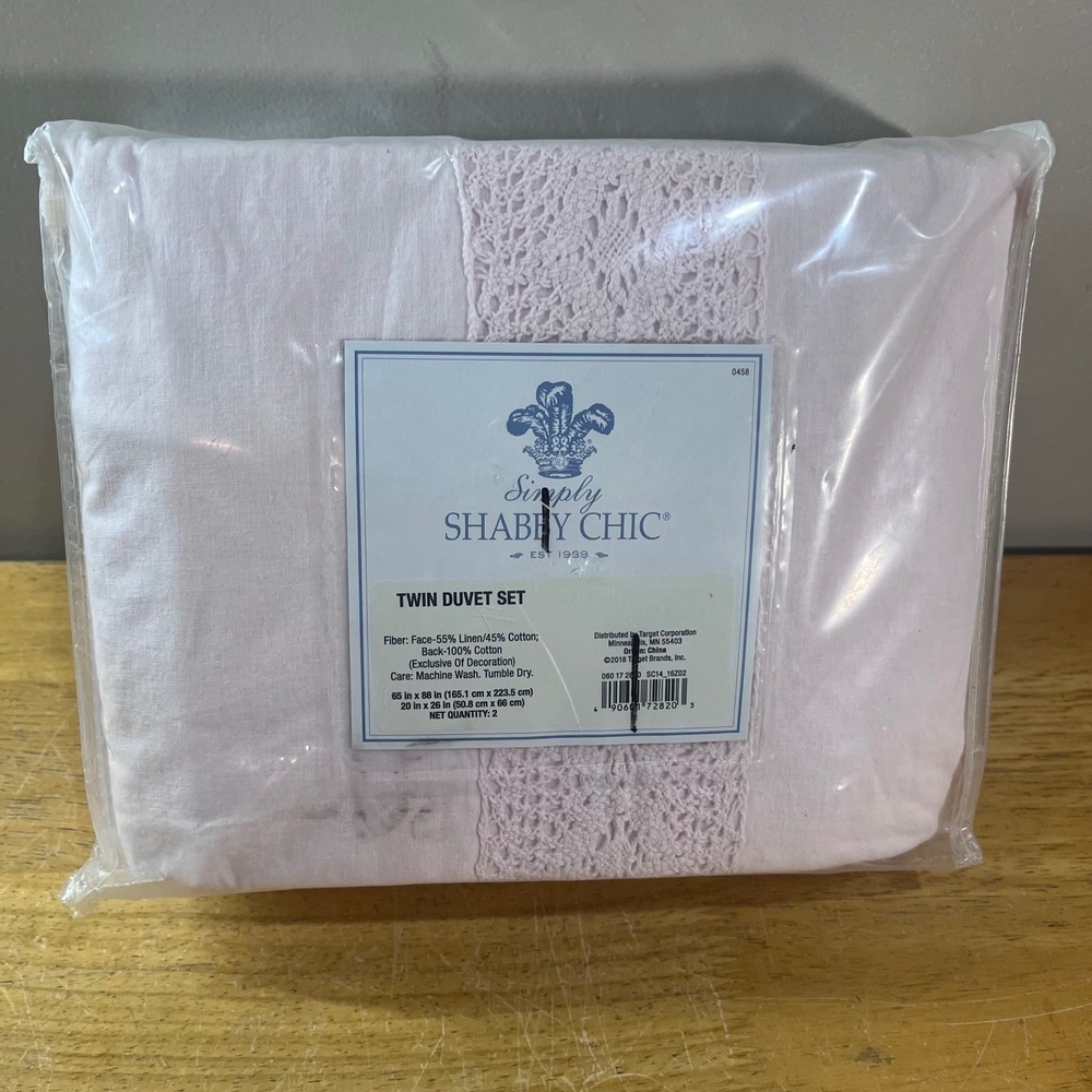Simply Shabby Chic Twin Duvet Set Pink Linen Blend Lace Trim Vtg Style